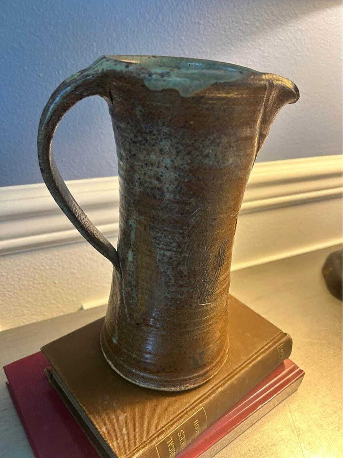 Vintage Tad Demsey Studio Pottery Tall Pitcher Hand Thrown Stoneware Combed Jug