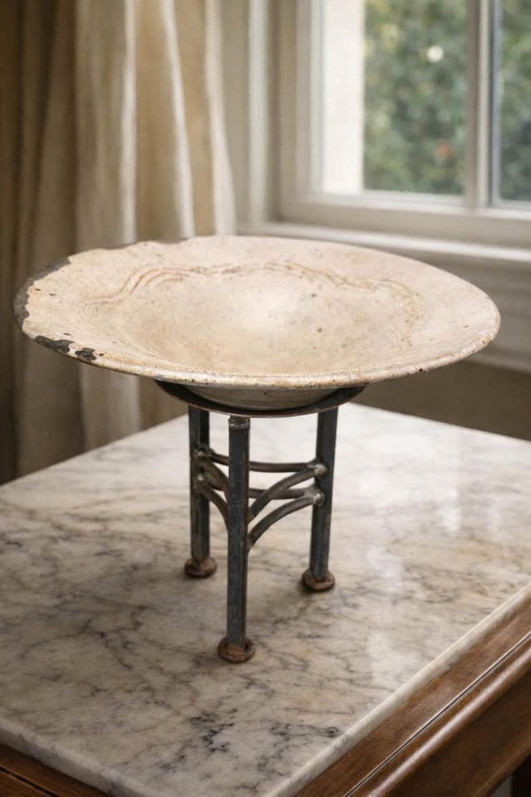 Signed Studio Pottery Bowl on Hand-Forged Iron Tripod Standard