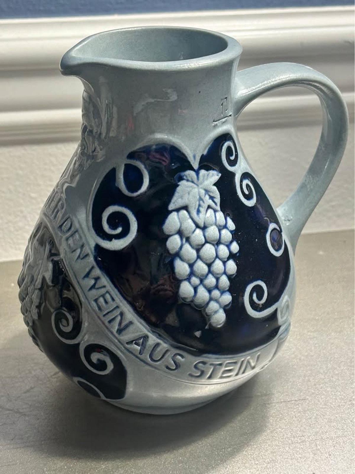 Vintage West German Cobalt Salt-Glazed Stoneware Wine Pitcher Pair