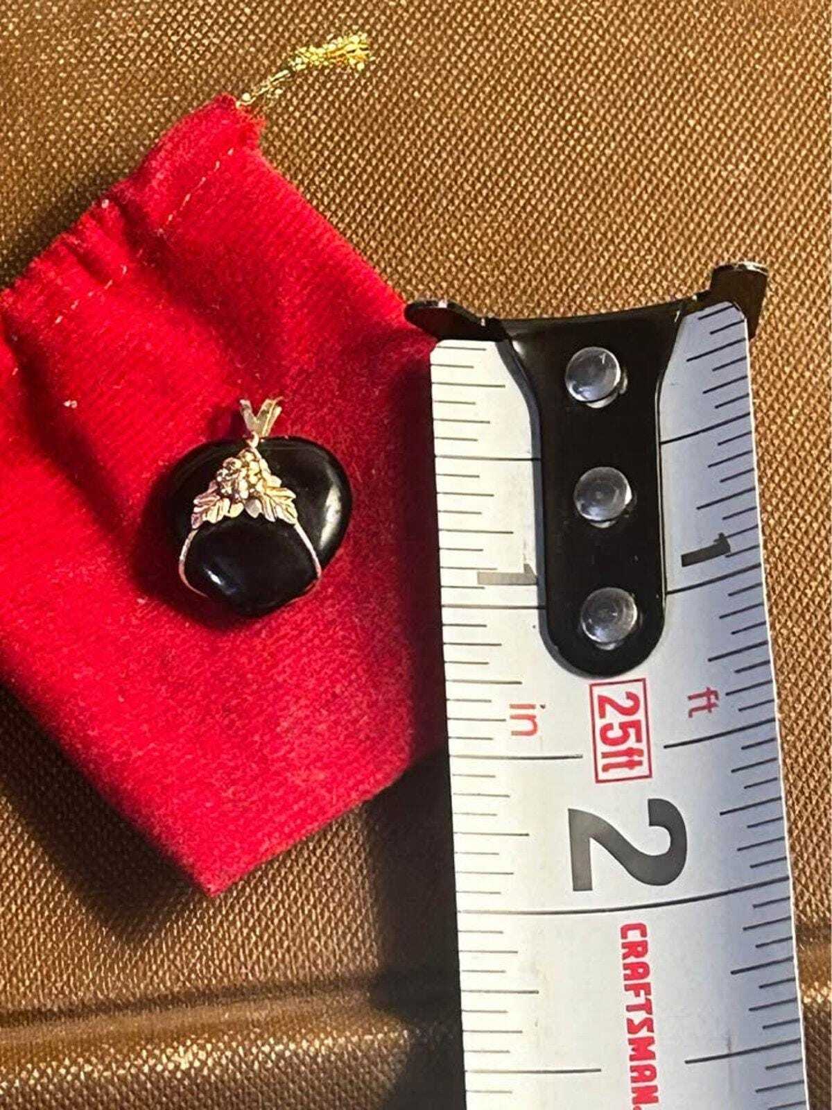 Vintage 14k Black Hills Gold & Onyx Heart Pendant - Grape Leaf Motif