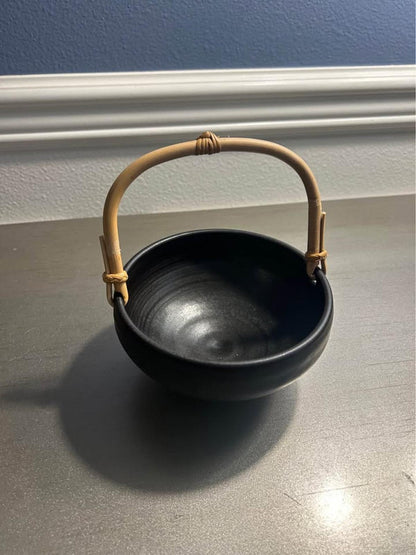 Mid Century Modern Stoneware Bowl – Matte Black Bamboo Handle, Wabi Sabi Decor