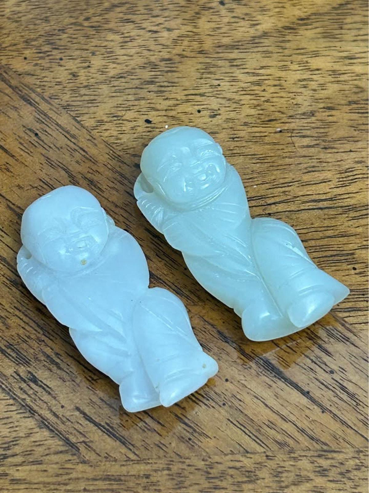 Antique Chinese Carved White Jade Tongzi Pendants Pair