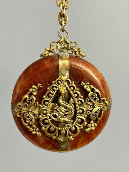 Vintage Chinese Export Carnelian Disc Dragon Pendant Necklace
