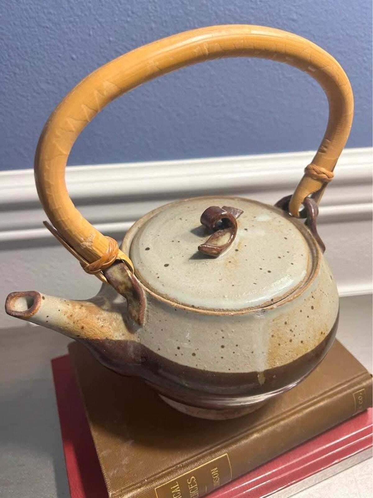 Vintage Connie Dubois Studio Pottery Teapot | Two-Tone Stoneware with Bamboo Handle | Signed 2001