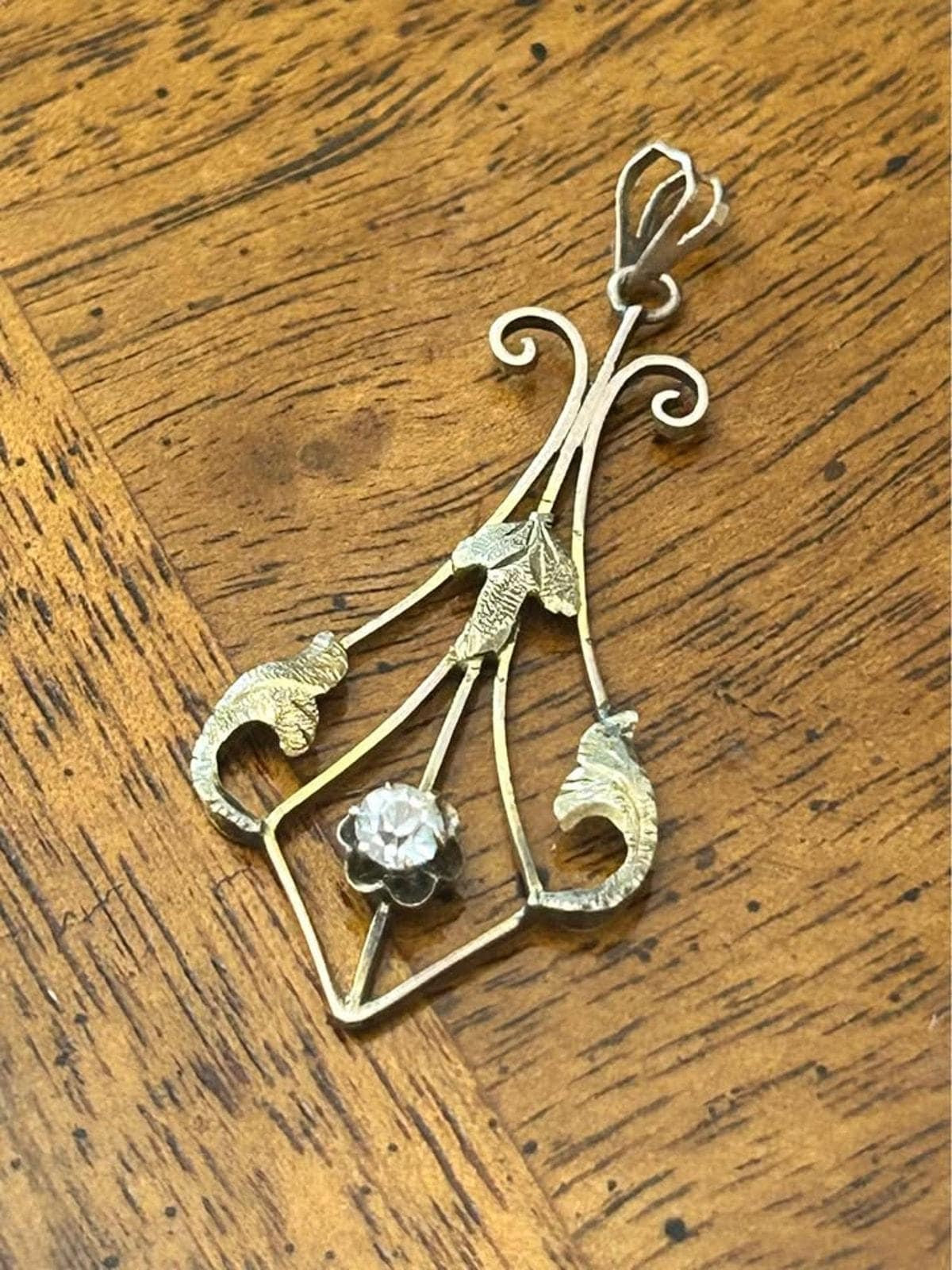 Antique Art Nouveau 10k Gold & Diamond Foliate Lavaliere Pendant