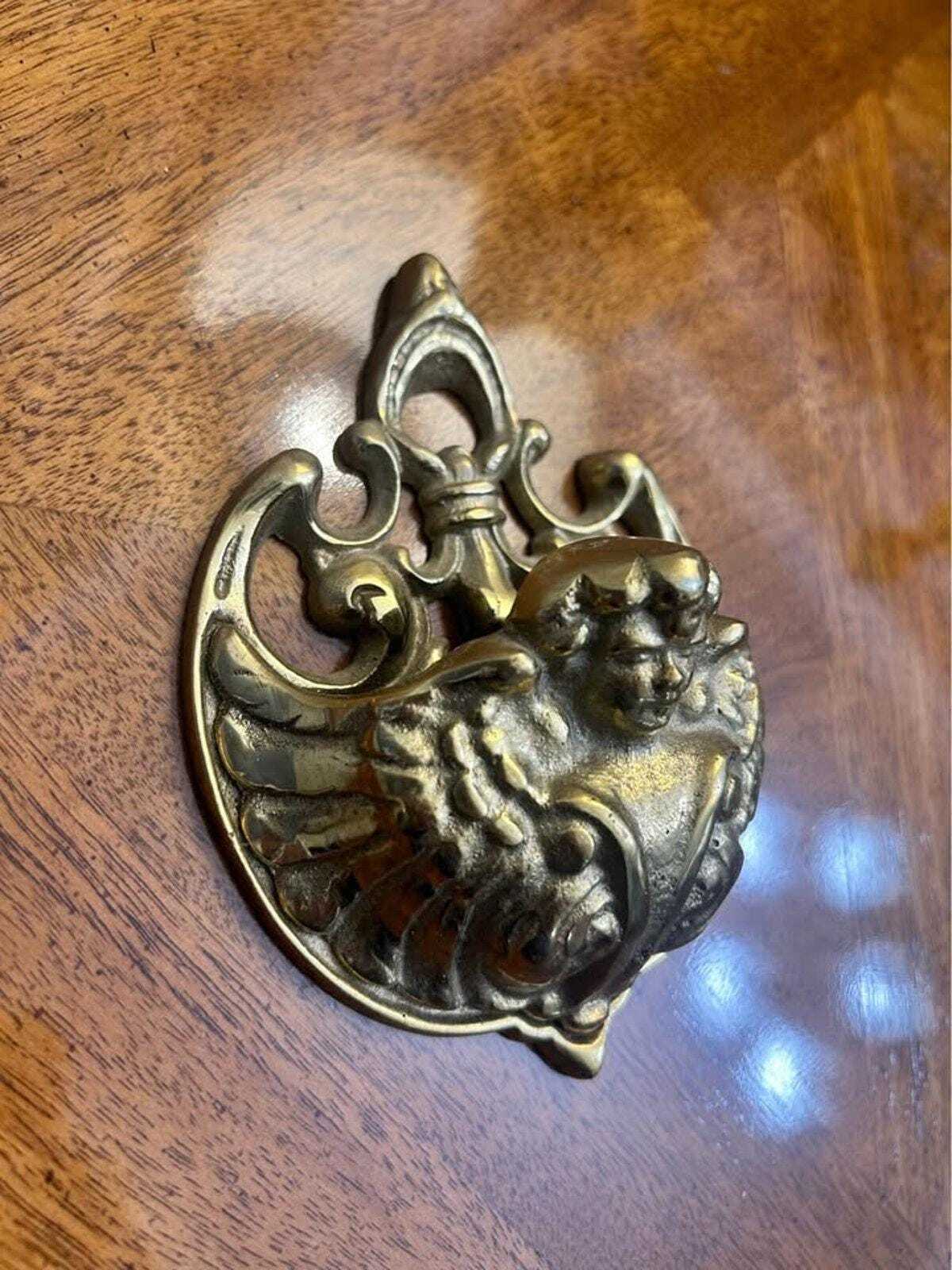 Vintage Cast Brass Cherub Match Holder Wall Pocket, Ornate Baroque Catchall