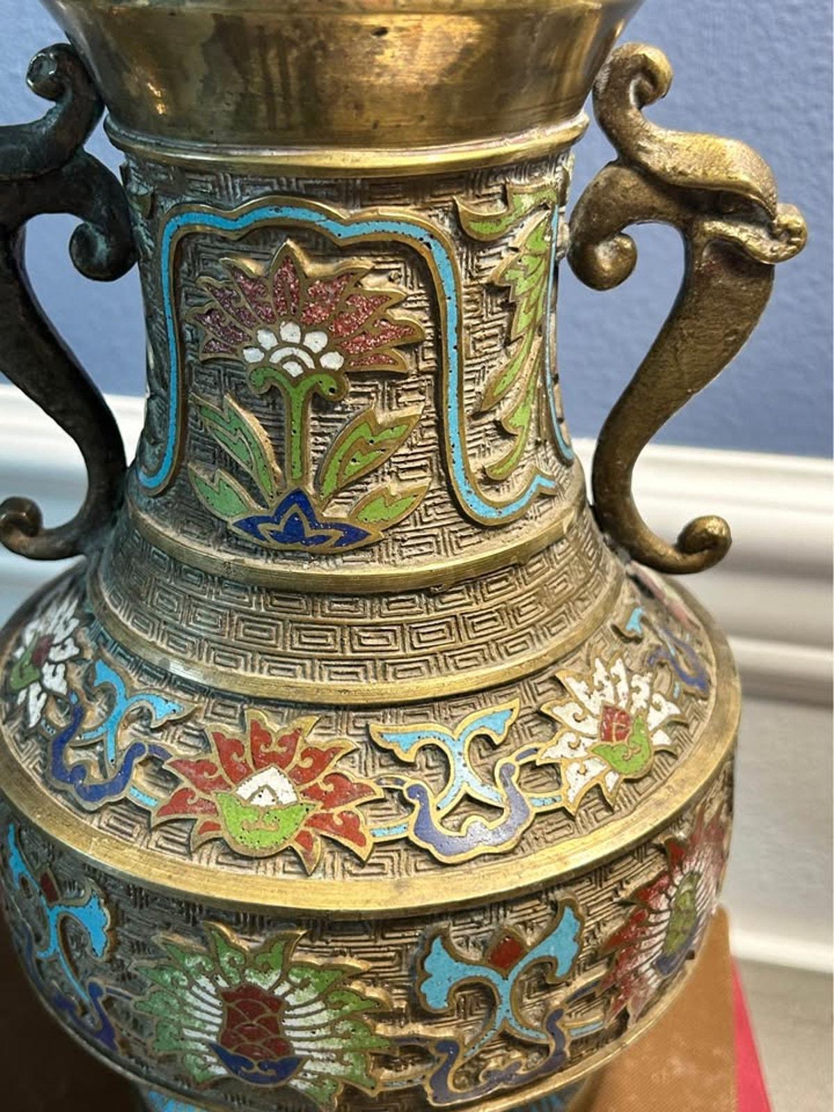 Antique Japanese Champleve Enamel Brass Vase