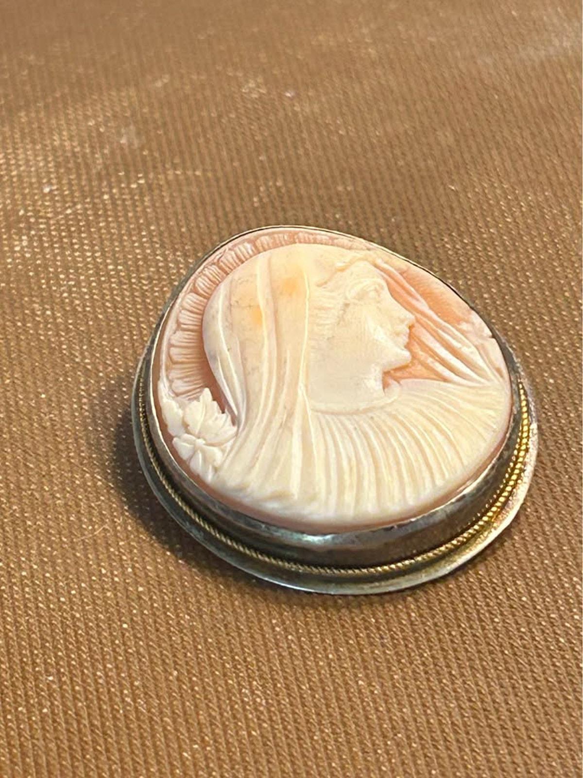 Hand-Carved Shell Cameo Brooch & Pendant, Veiled Madonna Portrait