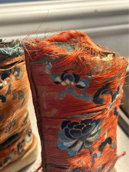 Antique Chinese Silk Embroidered Lotus Shoes Distressed Qing Dynasty