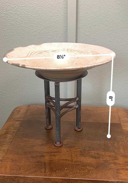Signed Studio Pottery Bowl on Hand-Forged Iron Tripod Standard