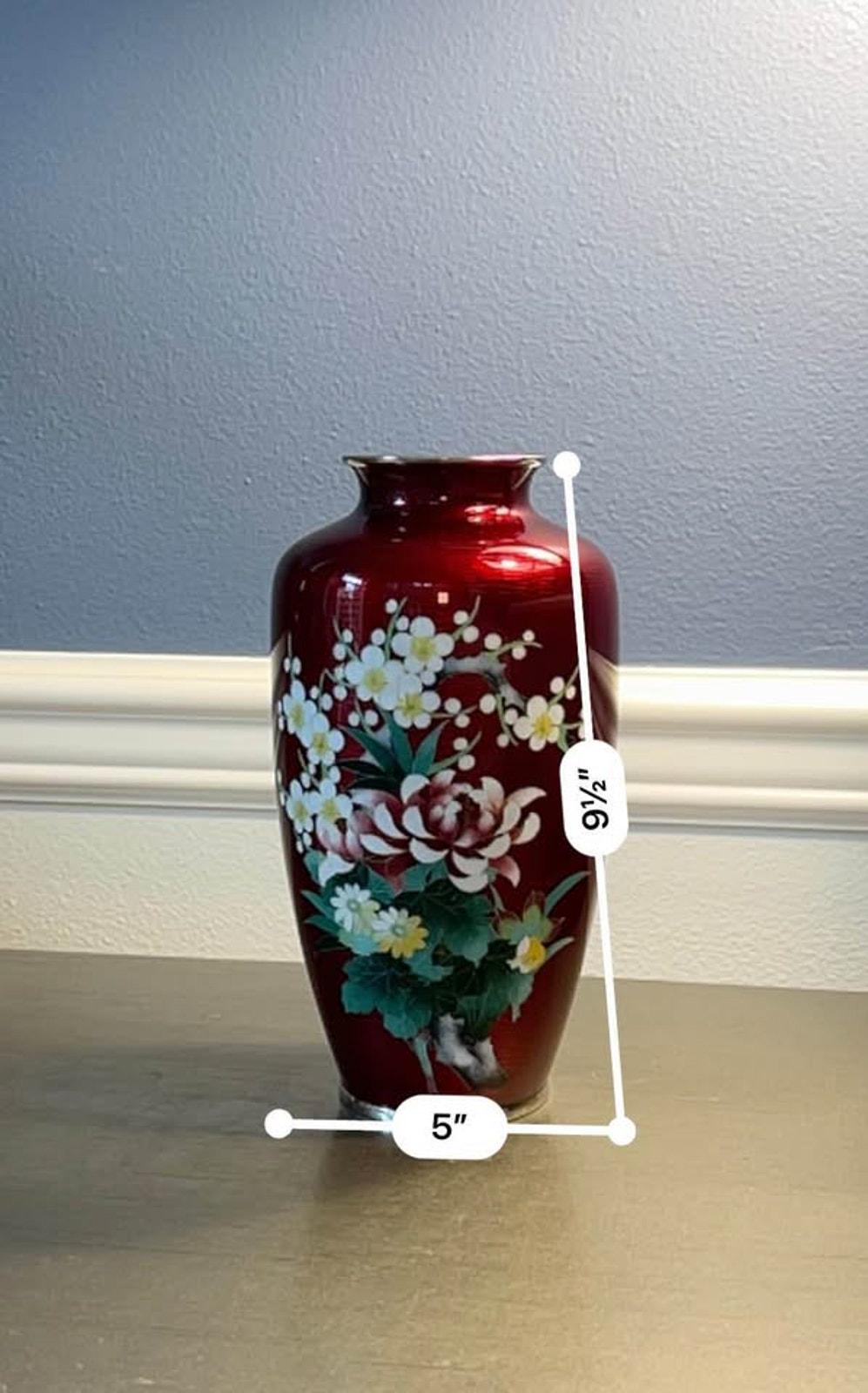 Ando Cloisonne Co. Red Akasuke Floral Vase | 9.5" Japanese Enamel