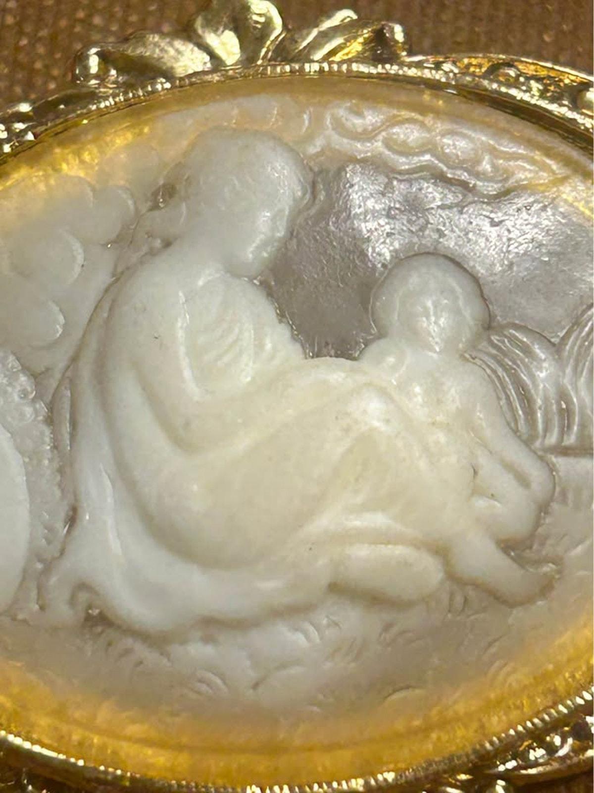 Vintage Victorian Revival Mother and Child Cameo Brooch Frosted Molded Inset Gold-Tone Frame