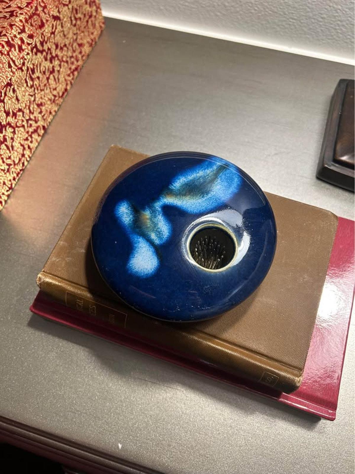 Chris Powell Crystalline Ikebana Vase – Cobalt Blue Studio Art Pottery Kenzan