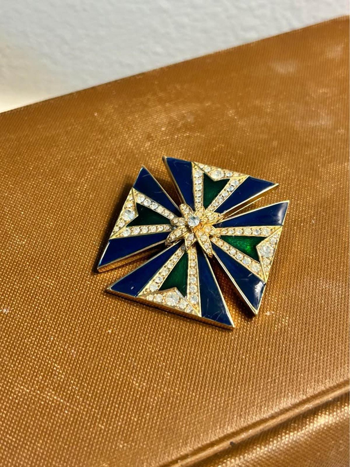 Ciner Vintage Blue and Green Enamel Maltese Cross Brooch and Pendant