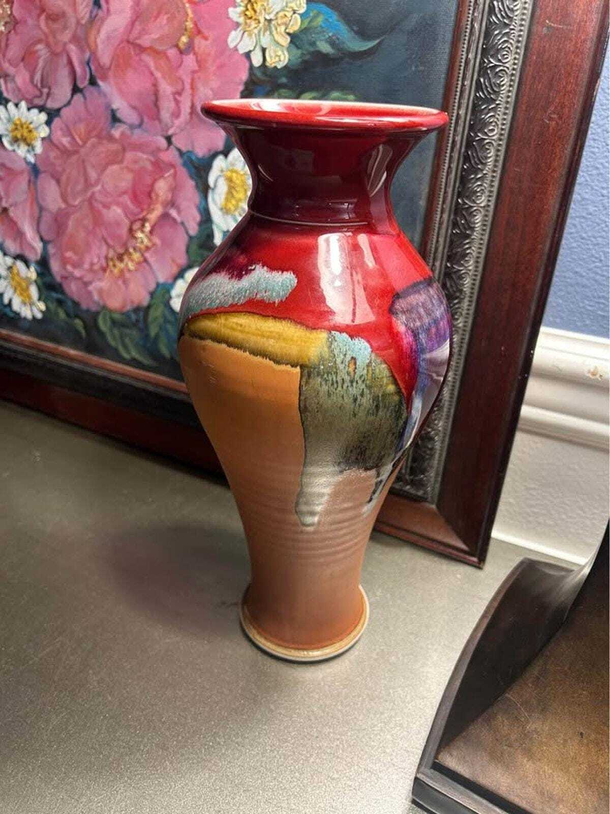 Kevin Berg Signed Studio Art Pottery - 12" Drip Glaze Terracotta Vase
