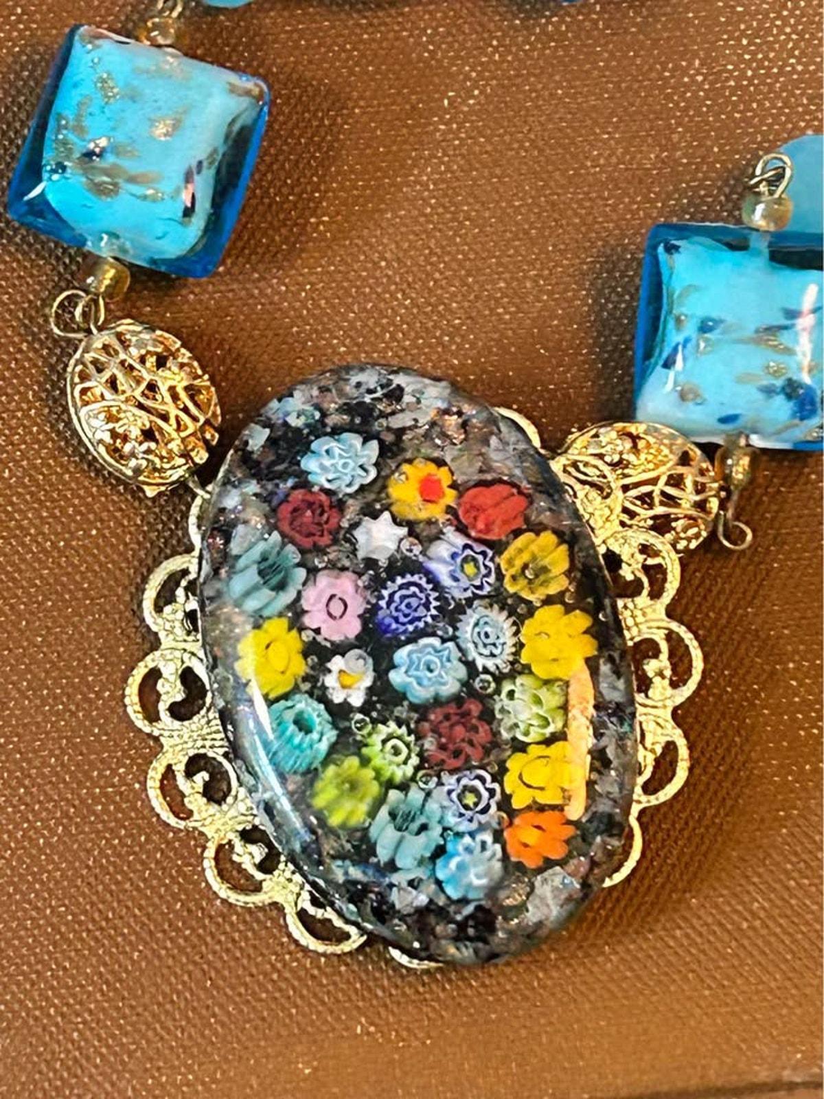 Vintage Murano Glass Millefiori Pendant Necklace Blue Foil Beads
