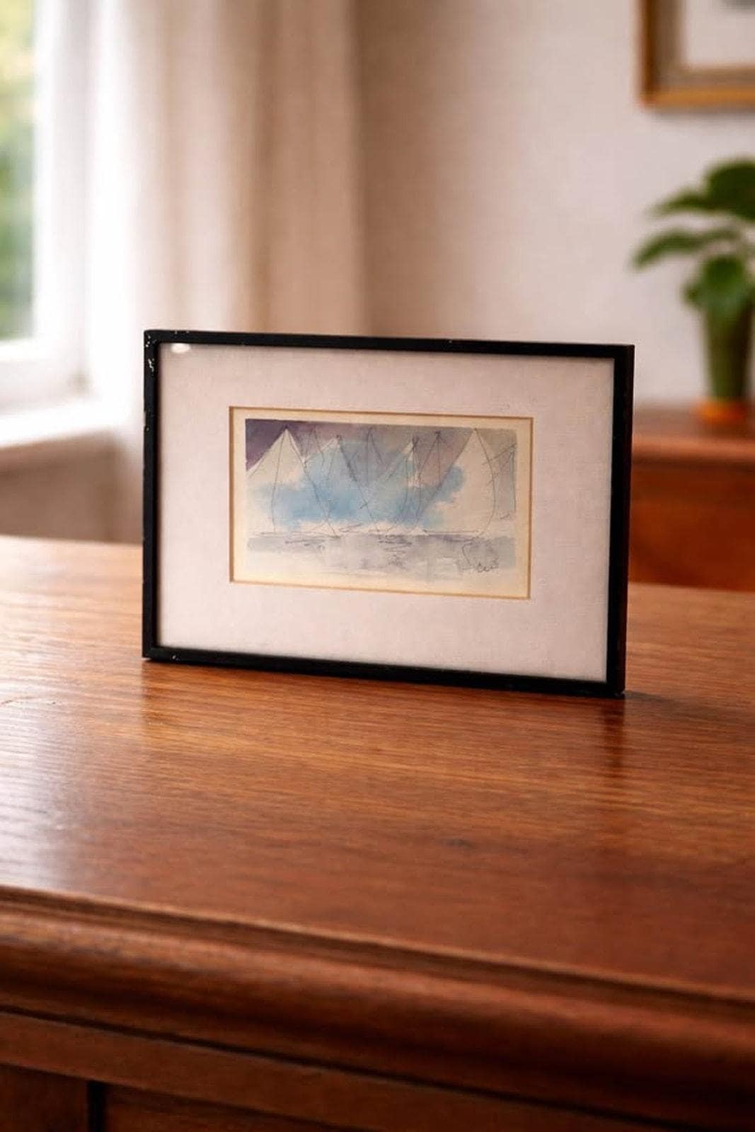 Original Mid-Century Minimalist Sailboat Watercolor – Signed "CW" – Nautical Modernist Art