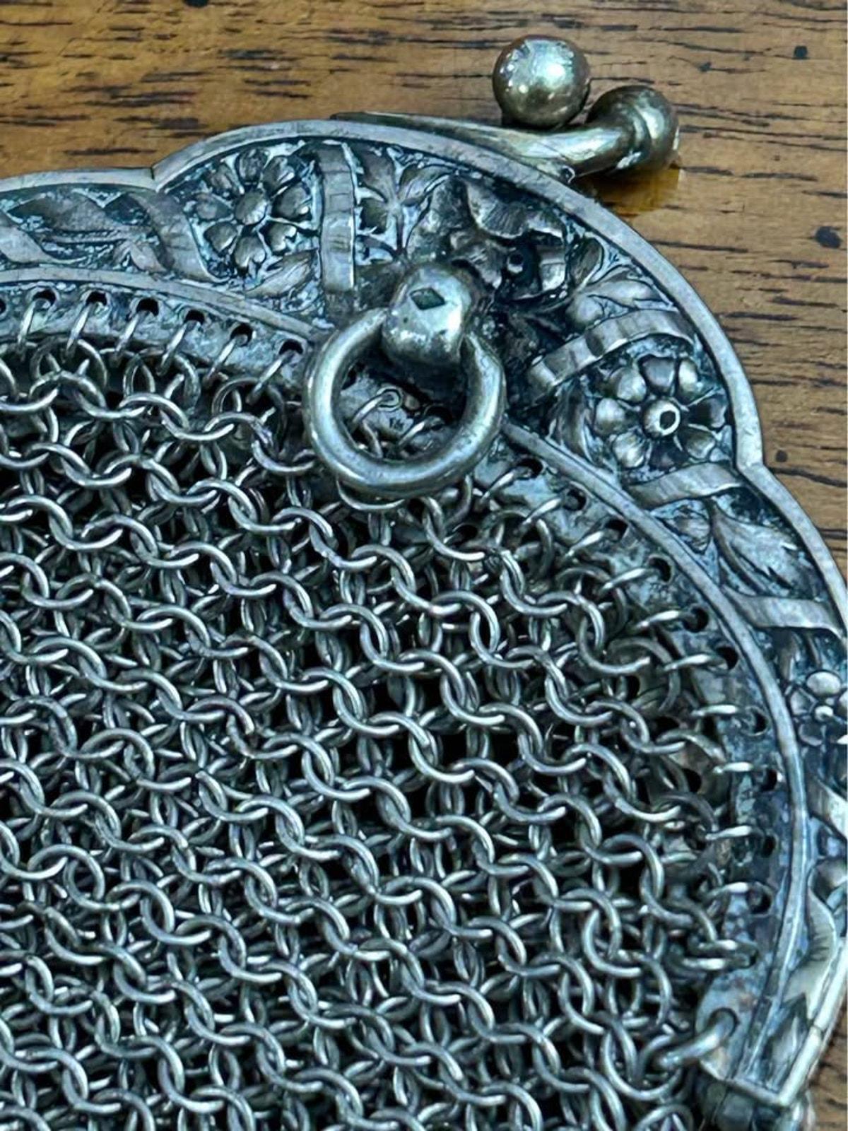 Antique Sterling Silver Chainmail Chatelaine Coin Purse With Repousse Frame