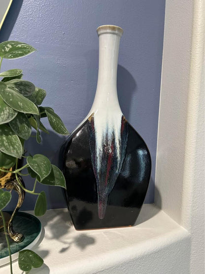 Extra Tall Mid-Century Drip Glaze Vessel – Obsidian Cream Studio Art Pottery 1970s Home Decor