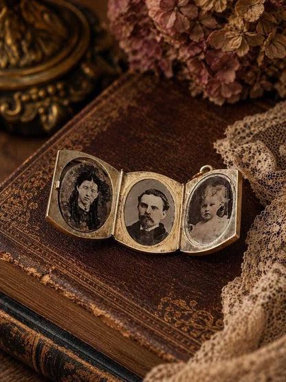 Antique Victorian Gold-Filled Accordion Locket with Strap Motif and Four Photo Compartments