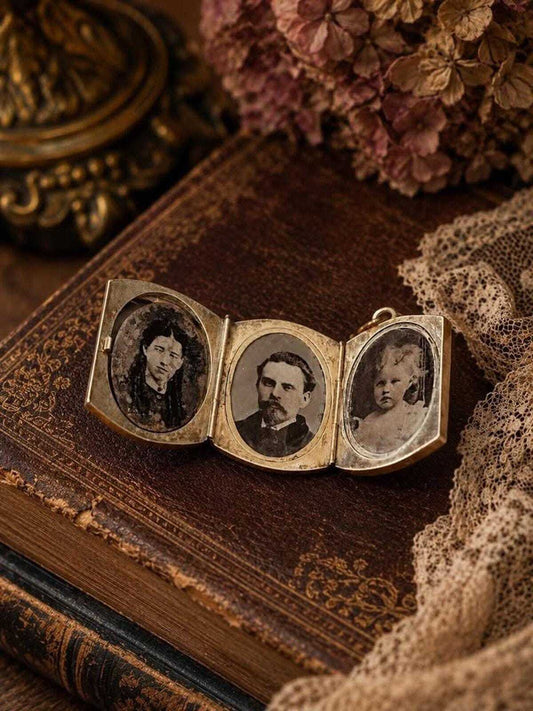 Antique Victorian Gold-Filled Accordion Locket with Strap Motif and Four Photo Compartments