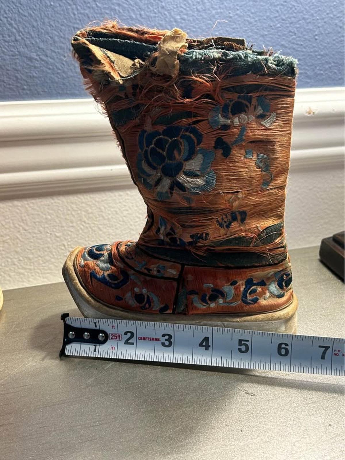 Antique Chinese Silk Embroidered Lotus Shoes Distressed Qing Dynasty