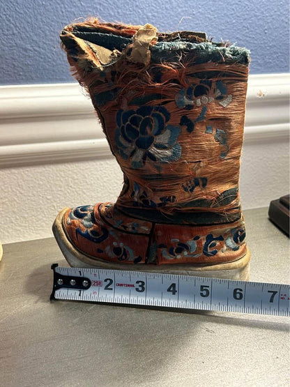 Antique Chinese Silk Embroidered Lotus Shoes Distressed Qing Dynasty