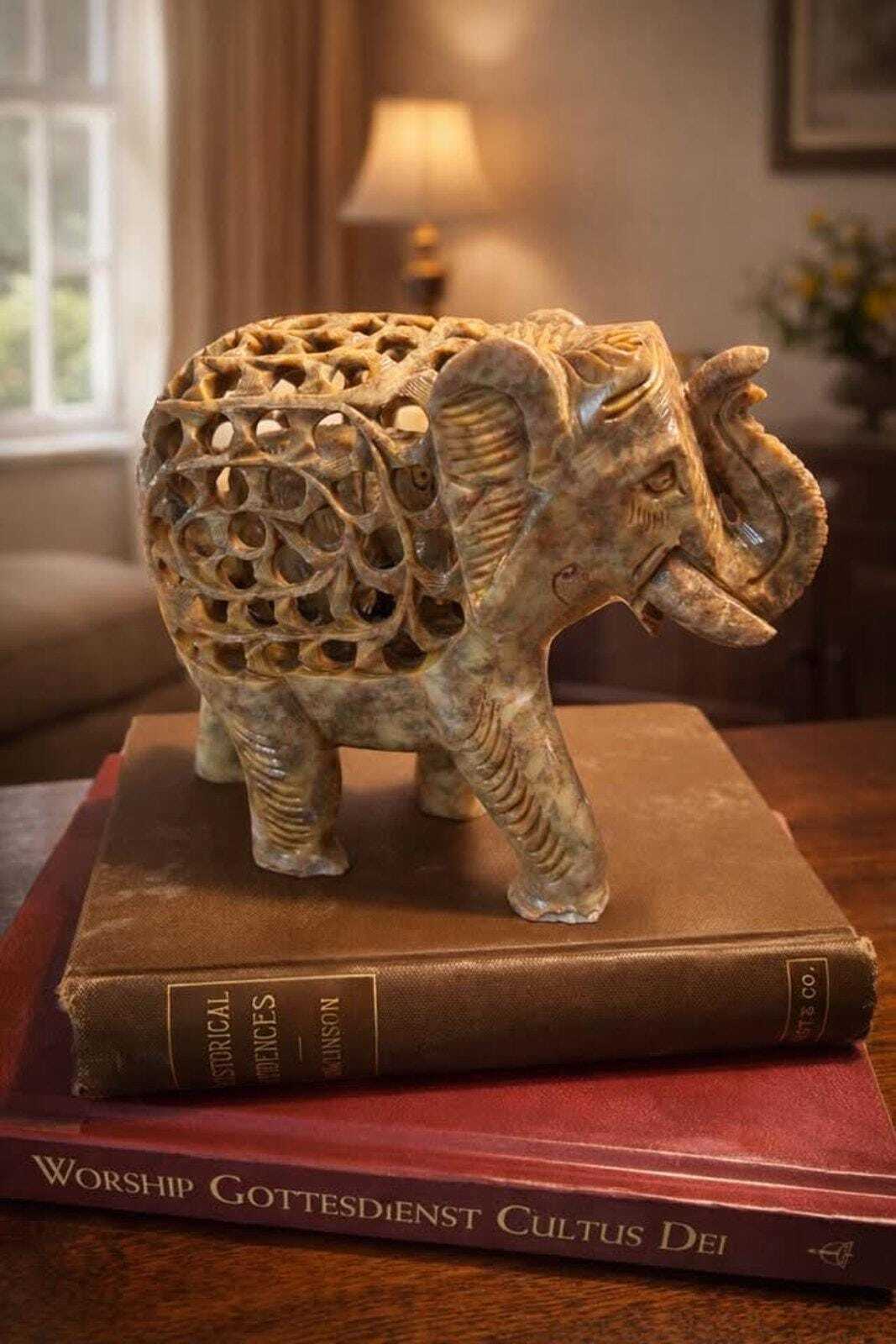 Vintage Hand-Carved Jali Soapstone Elephant Sculpture with Inner Baby Elephant