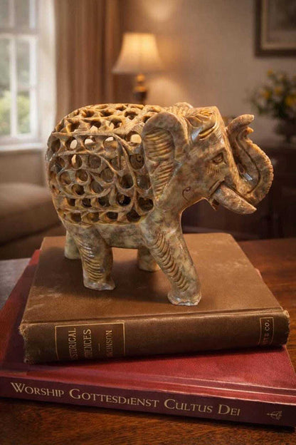 Vintage Hand-Carved Jali Soapstone Elephant Sculpture with Inner Baby Elephant