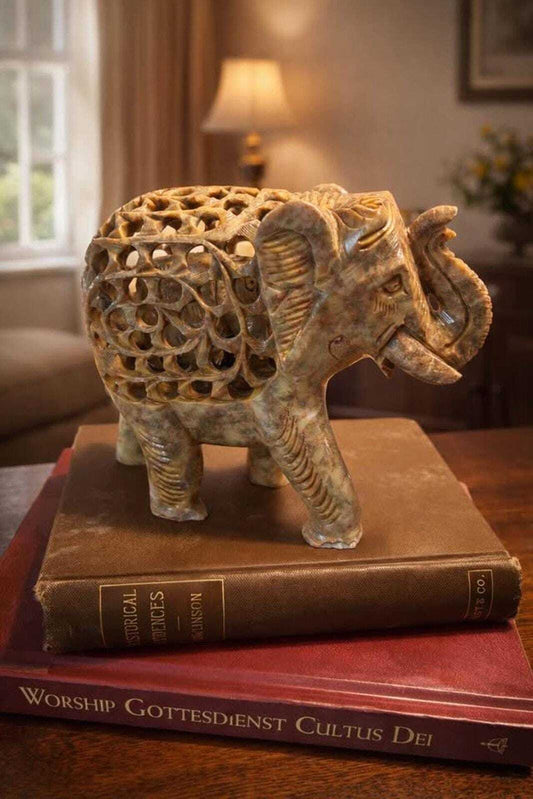 Vintage Hand-Carved Jali Soapstone Elephant Sculpture with Inner Baby Elephant