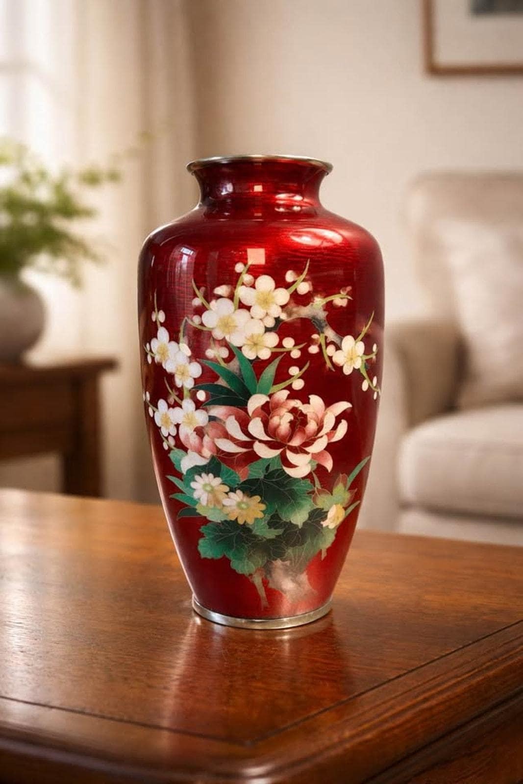 Ando Cloisonne Co. Red Akasuke Floral Vase | 9.5" Japanese Enamel