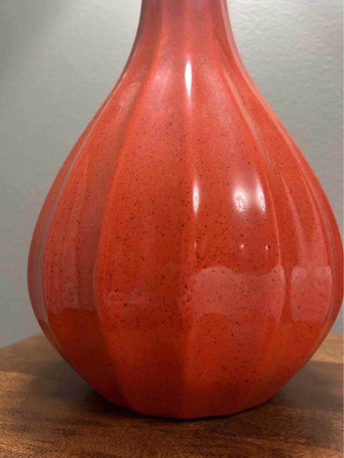 Tall Speckled Orange Ribbed Ceramic Vase, Mid-Century Modern Style Art Pottery