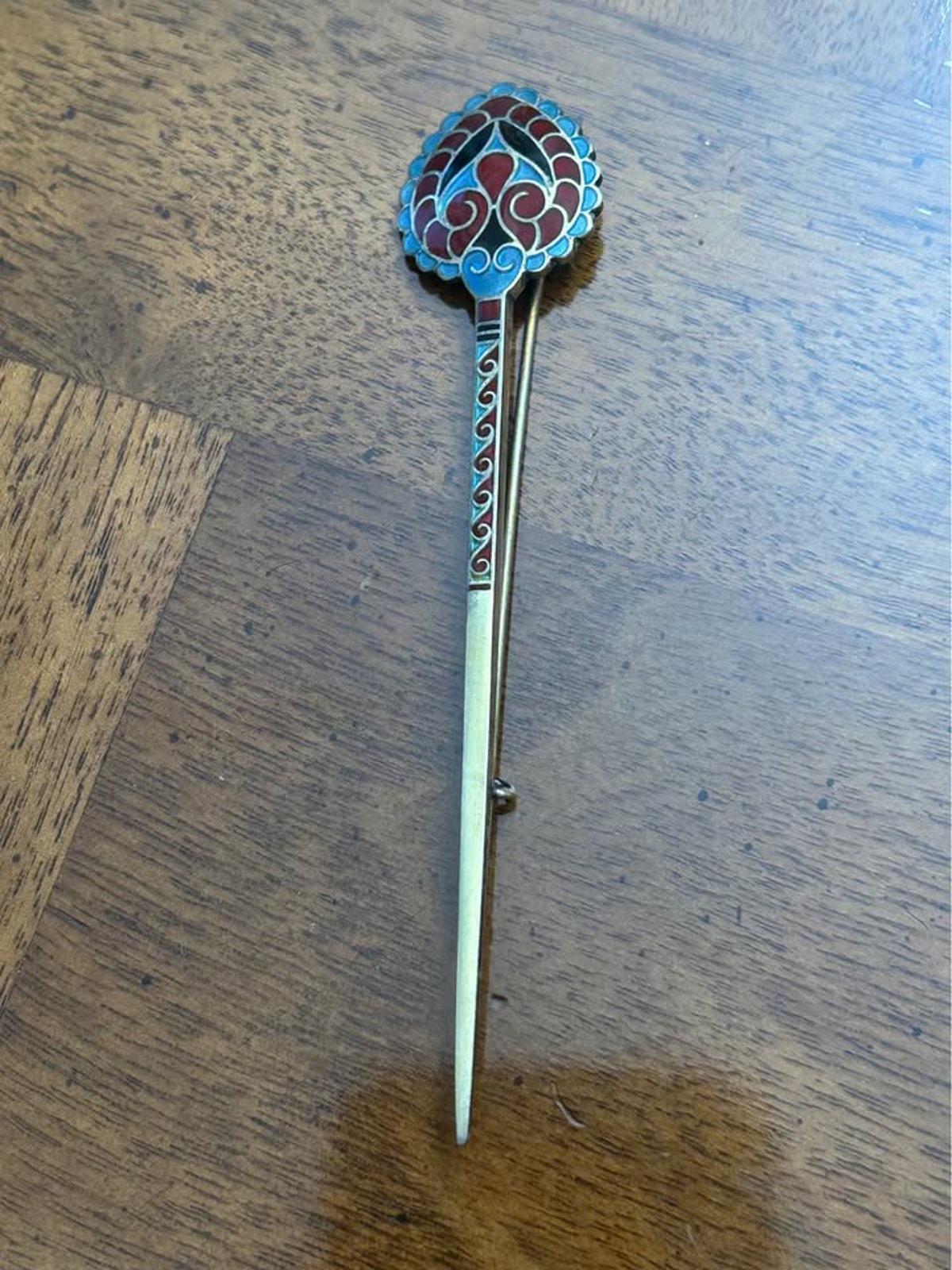 Antique J. Tostrup Sterling Silver Enamel Shawl Pin, Viking Revival Stick Brooch