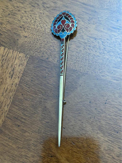 Antique J. Tostrup Sterling Silver Enamel Shawl Pin, Viking Revival Stick Brooch