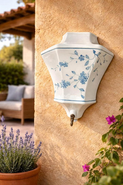 Mid-Century Italian Ceramic Wall Pocket | Blue Floral Design