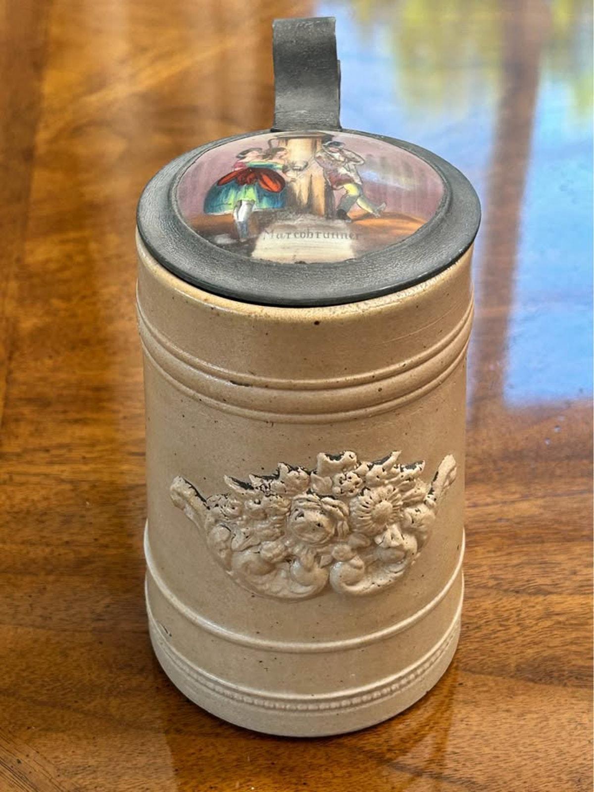 Antique German Stoneware Stein with Pewter Lid, Painted Marcobrunner Rheingau Vineyard Scene Insert