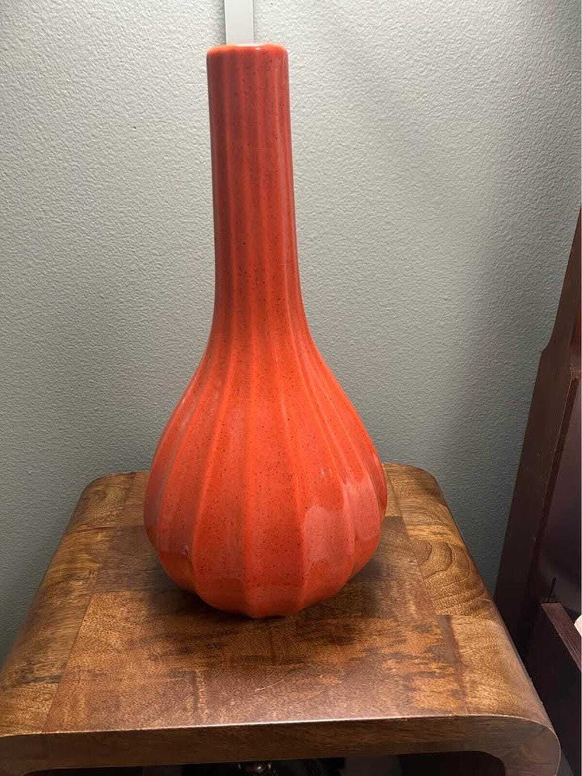 Tall Speckled Orange Ribbed Ceramic Vase, Mid-Century Modern Style Art Pottery