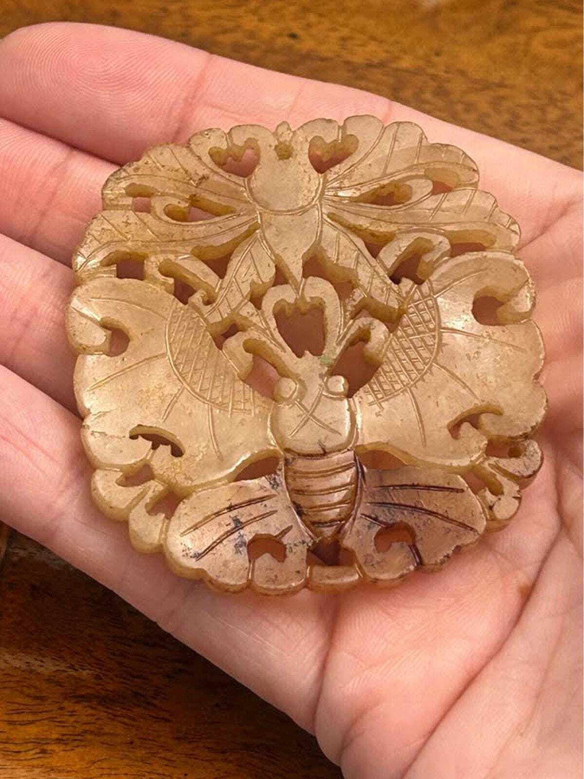 Vintage Chinese Carved Nephrite Jade Butterfly Medallion Plaque Russet Inclusions