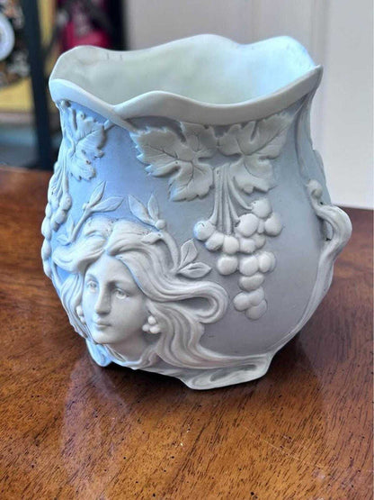 Antique Schafer & Vater Blue Bisque Porcelain Art Nouveau Maiden Vase