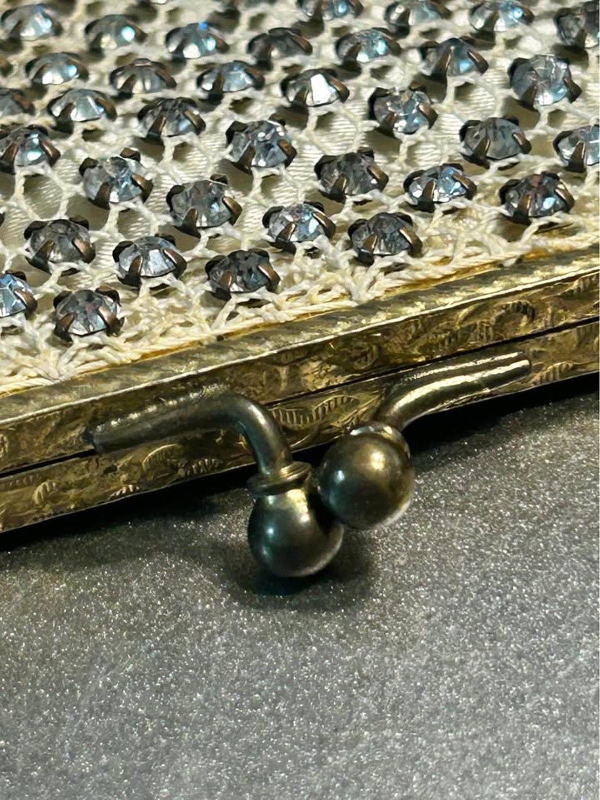 Vintage Rhinestone Mesh Evening Bag Etched Gold Tone Frame Satin Lined Purse