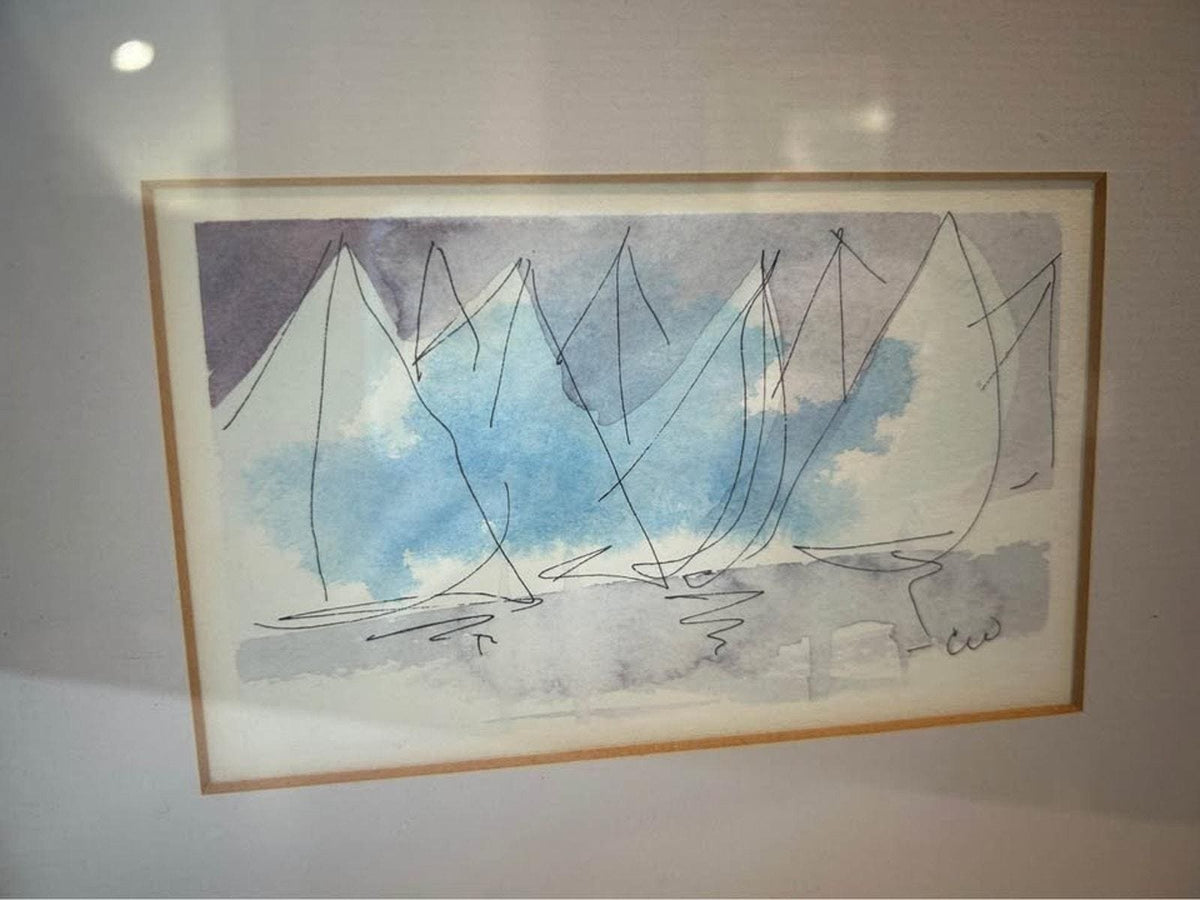 Original Mid-Century Minimalist Sailboat Watercolor – Signed "CW" – Nautical Modernist Art
