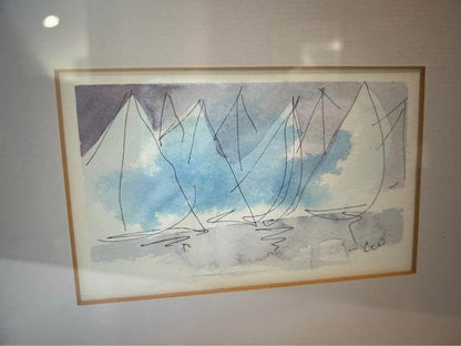 Original Mid-Century Minimalist Sailboat Watercolor – Signed "CW" – Nautical Modernist Art