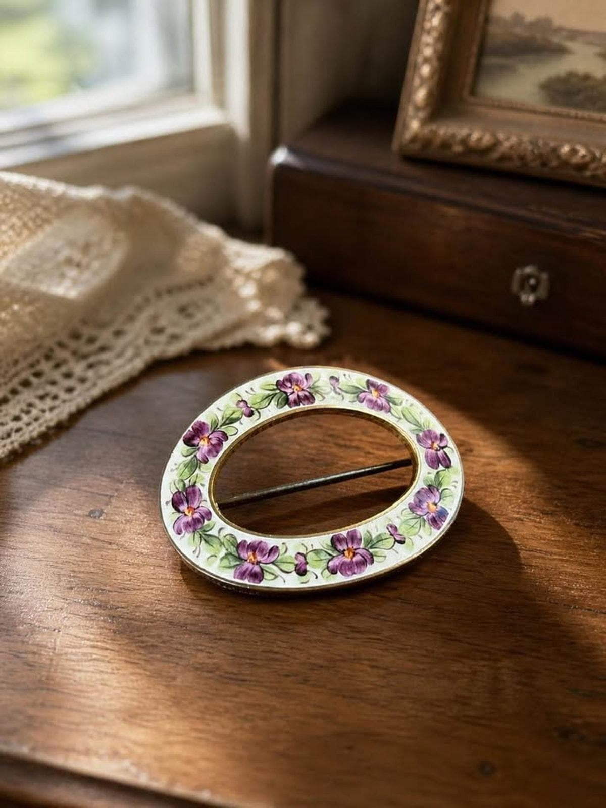 Antique Art Nouveau Suffragette Guilloche Enamel Hand Painted Violet Sash Brooch