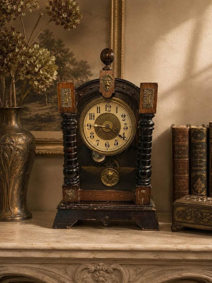 Antique Working Art Nouveau Mantel Clock | Lion Head Crest & Brass Nymph Pendulum