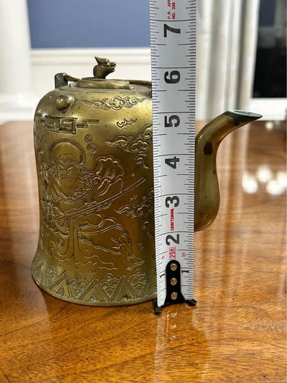 Vintage Engraved Asian Brass Teapot with Taoist Immortal and Xuanwu Tortoise Finial
