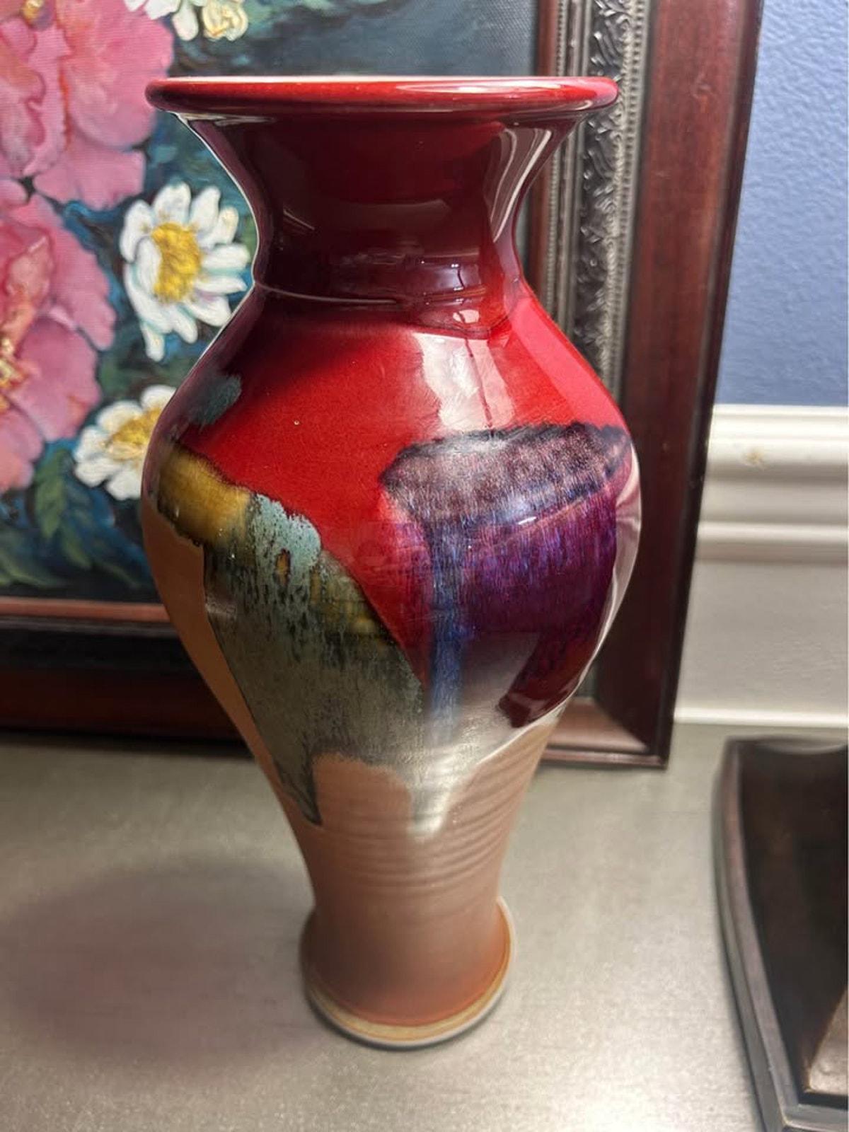 Kevin Berg Signed Studio Art Pottery - 12" Drip Glaze Terracotta Vase