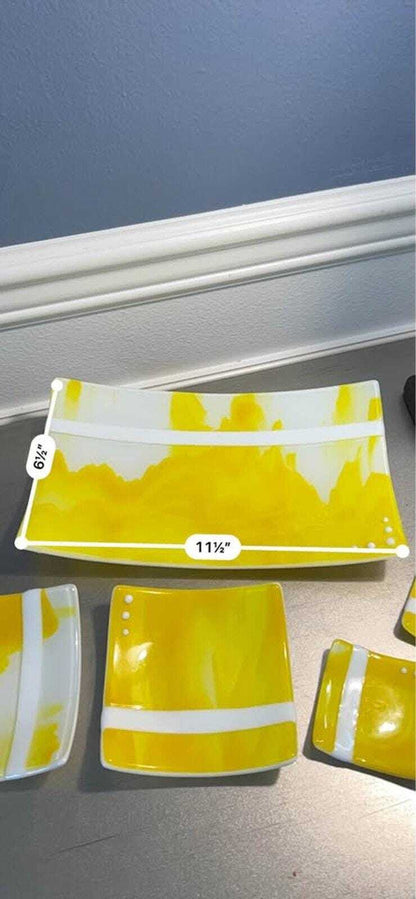 Red Stone Glass Yellow & White Fused Glass Platter and Appetizer Set (5 Pieces)
