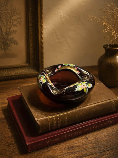 Vintage Bohemian Amethyst Enameled Art Glass Trifold Ashtray Bowl