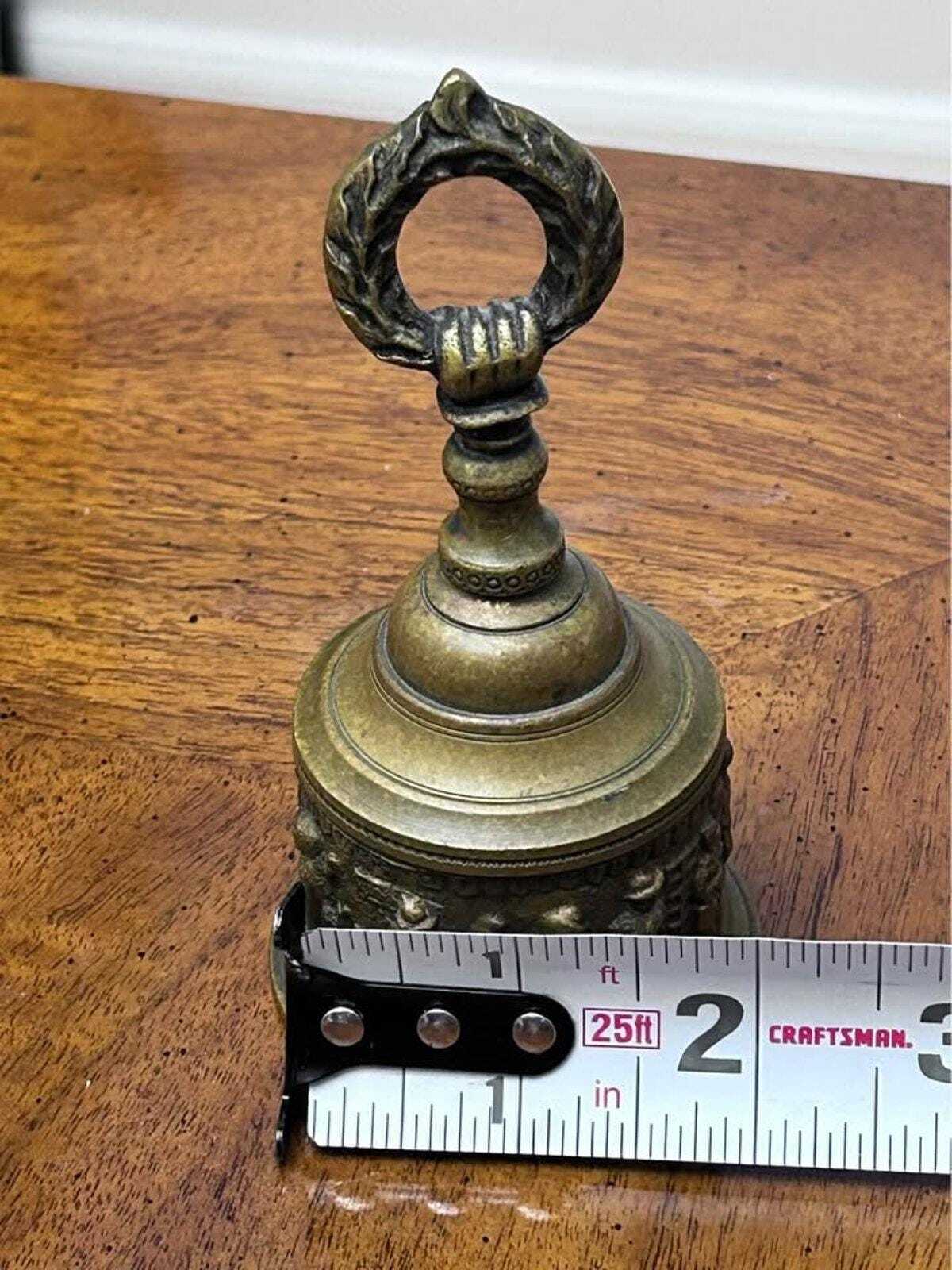 Vintage Cast Brass Tavern Scene Hand Bell with Wreath Handle