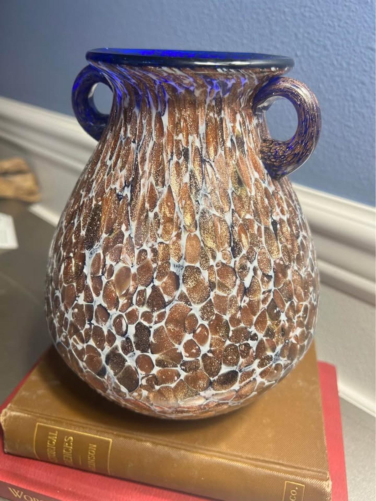 Vintage Cobalt Blue and Gold Aventurine Cased Art Glass Two Handled Amphora Urn Vase